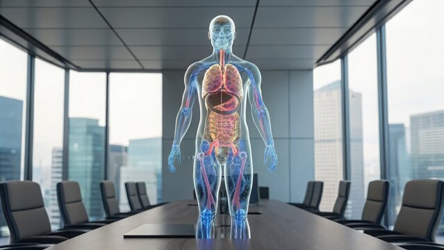 Predictive Analytics Healthcare A digital human anatomy model in a modern conference room setting.