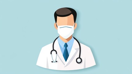 Fototapeta premium Flat vector illustration of a doctor wearing a mask, stethoscope around the neck, symbolizing healthcare and patient safety.