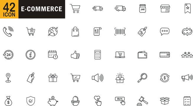 E-commerce editable outline icon set. Online-shopping, digital-payment, delivery-service, customer-support, product-management and more.