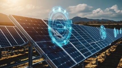 A futuristic AI powered solar farm management system, optimizing energy production and monitoring solar panel health in real-time, renewable energy setting