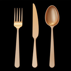 3d realistic gold metal fork, spoon, table knife isolated on black background. Vector illustration. Beautiful gold cutlery. Shiny golden fork, spoon, knife