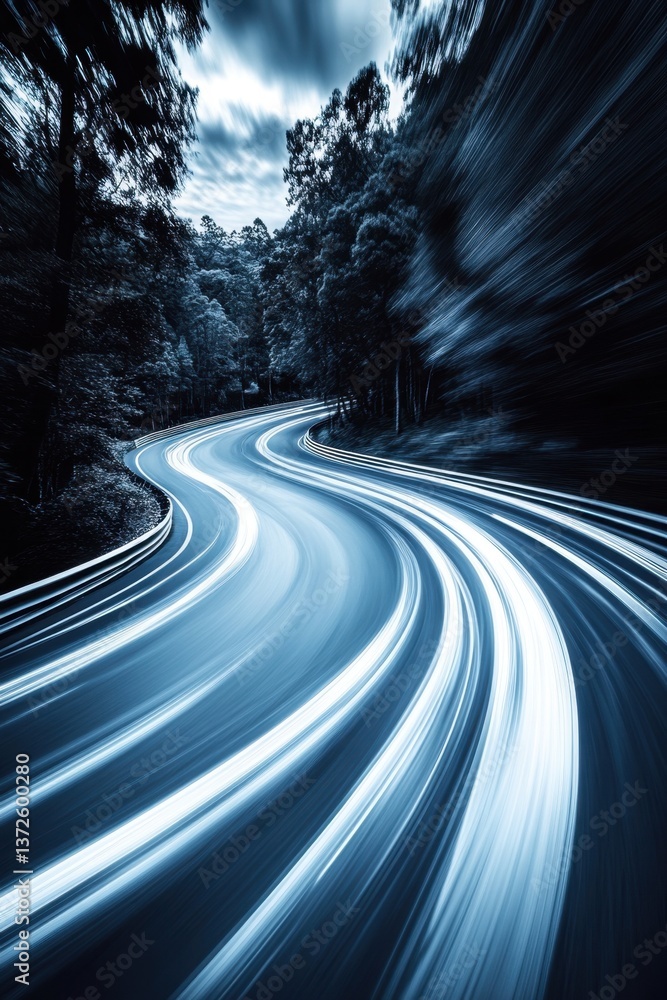 Poster dynamic motion blur of car lights on winding road through dark forest creating abstract speed effect
