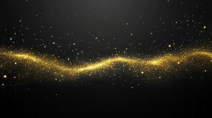 Obraz premium Wavy golden glitter particles float against a gradient black background