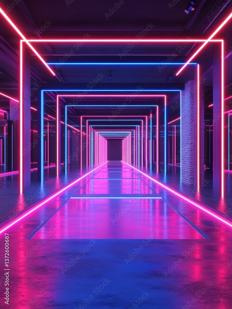 Poster neon illuminated corridor with vibrant colors creating a futuristic and immersive visual experience 