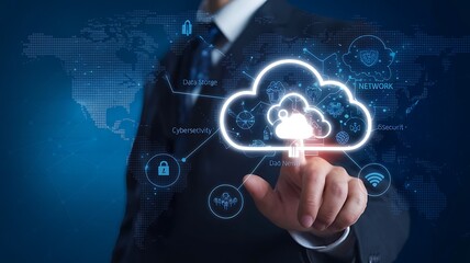 Businessman interacting with futuristic cloud computing technology featuring holographic data storage cybersecurity systems digital AI-driven network solutions, connectivity in a high-tech environment