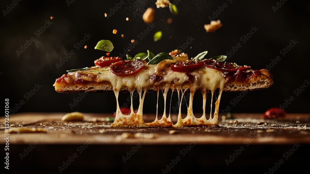 Poster delicious pizza slice with stretchy cheese and vibrant toppings captures attention in dynamic kitche