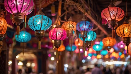 A vibrant array of intricately designed hanging lanterns in various colors and shapes,