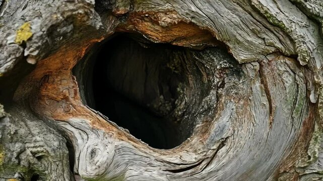 Wooden tree trunk with hollow opening reveals age and texture in natural setting