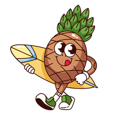 Groovy pineapple cartoon character walking with surfboard. Funny retro beach boy ananas with smile and tongue. Fruit mascot, cartoon pineapple surfer sticker of 70s 80s style vector illustration