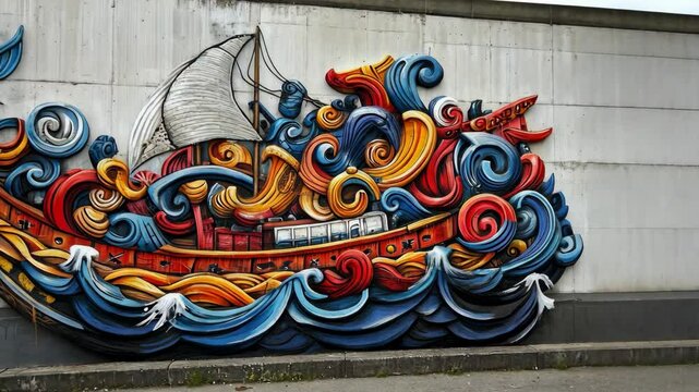 Colorful mural depicting a ship navigating through vibrant waves in an urban setting during daylight