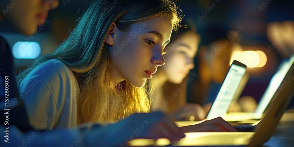 Poster a group of students using laptops in a study session, focus on screens and shared work, soft lightin