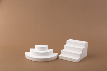Empty modern white geometric stair steps, product display. Simple staircase for cosmetic podium.