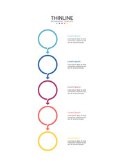 A thin vector infographic line is placed in a vertical row. Concept of 5 successive steps of the project development process. Business concept with 5 options or steps.