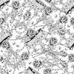 Seamless black and white pattern with crown, scattered jewelry, pearl necklaces, roses with stem. Chaotic scattered objects on white background.