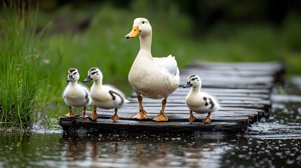 Fototapeta premium Mother duck and ducklings walking on wooden pathway serene pond nature photography tranquil environment close-up view