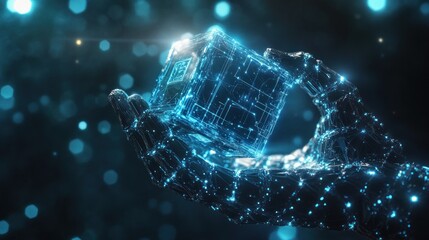Futuristic robotic hand holds digital cube; glowing network background