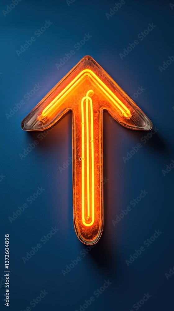 Poster luminous orange neon arrow pointing upward against a textured blue background casting a soft shadow 