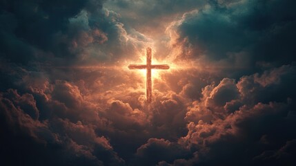 Fototapeta premium A glowing cross appears in the sky surrounded by clouds