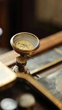 Vintage pressure gauge on a wooden surface in an industrial setting during daylight hours