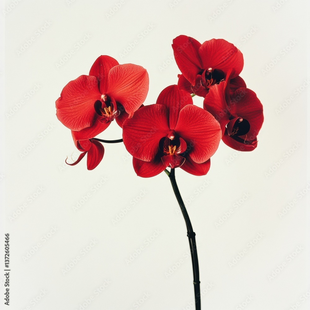 Poster red orchid blooms vividly against a white background showcasing delicate petals and intricate detail