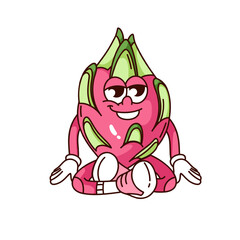 Groovy dragon fruit cartoon character in spiritual lotus yoga pose. Funny retro peaceful zen meditation of personage. Fruit, harmony mascot, cartoon pitaya sticker of 70s 80s style vector illustration