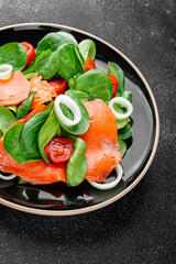 Salmon salad fresh seafood appetizer vegetables dish fresh tasty gourmet food background on table rustic food top view copy space keto and paleo diet vegetarian food pescetarian diet