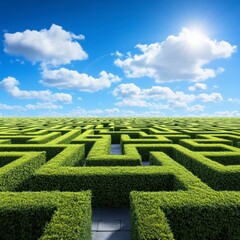 High angle view of a large green hedge maze under a vibrant blue sky with fluffy white clouds. The maze's pathways are clearly defined, leading to an unseen center.
