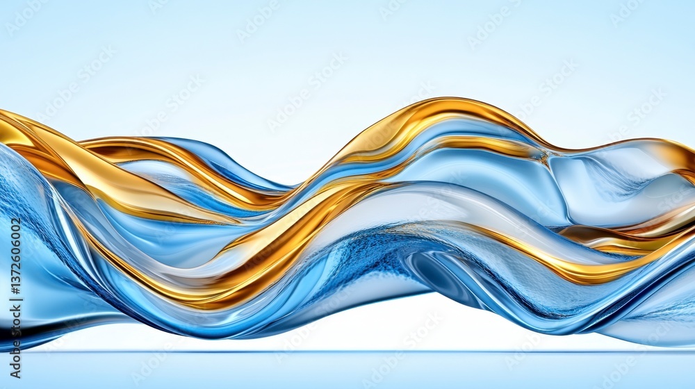 Poster abstract image of flowing blue and gold liquid, creating dynamic waves against a light blue backgrou