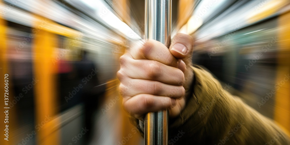 Poster daily commute, focus on a hand gripping a subway pole, bustling background with blurred movement emp