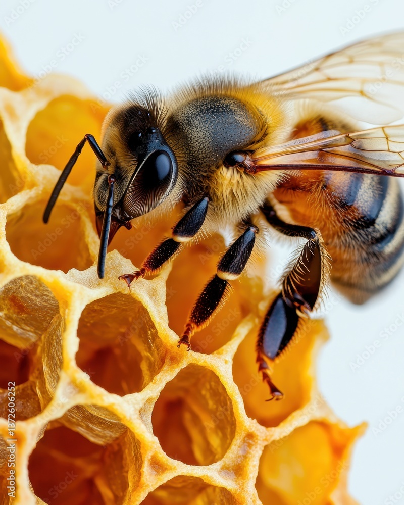 Poster detailed close up of a bee on a honeycomb showcasing intricate details of the insect and hexagonal s