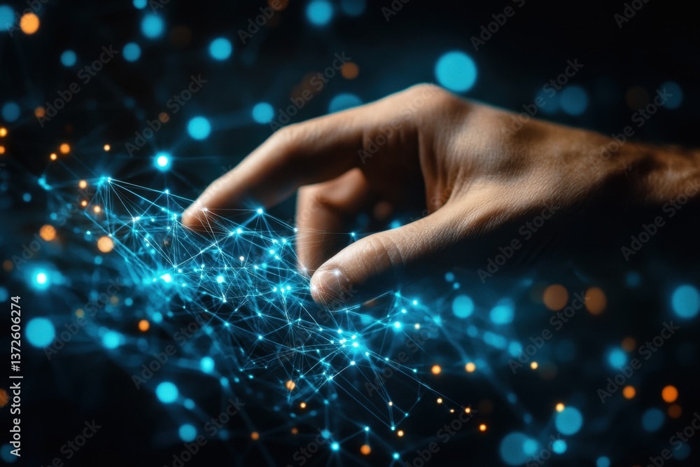 Poster human hand touching glowing blue network connection interface for data transfer and future technolog