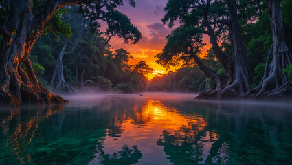 Serene sunset over a mystical river embraced by ancient trees, reflecting fiery hues and a gentle mist in the tranquil water.