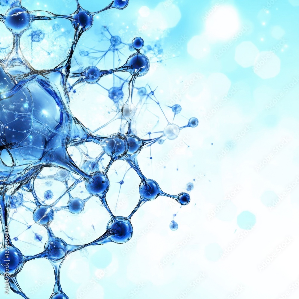 Poster abstract 3d rendering of a molecule structure with blue nodes and connections against a bright, boke