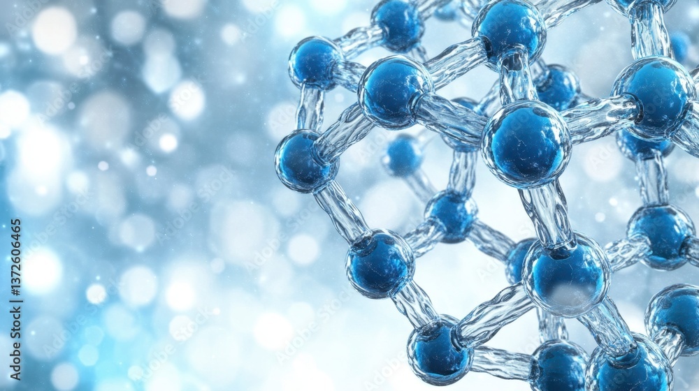Poster abstract 3d rendering of a molecule model with blue spheres and translucent bonds against a bokeh ba