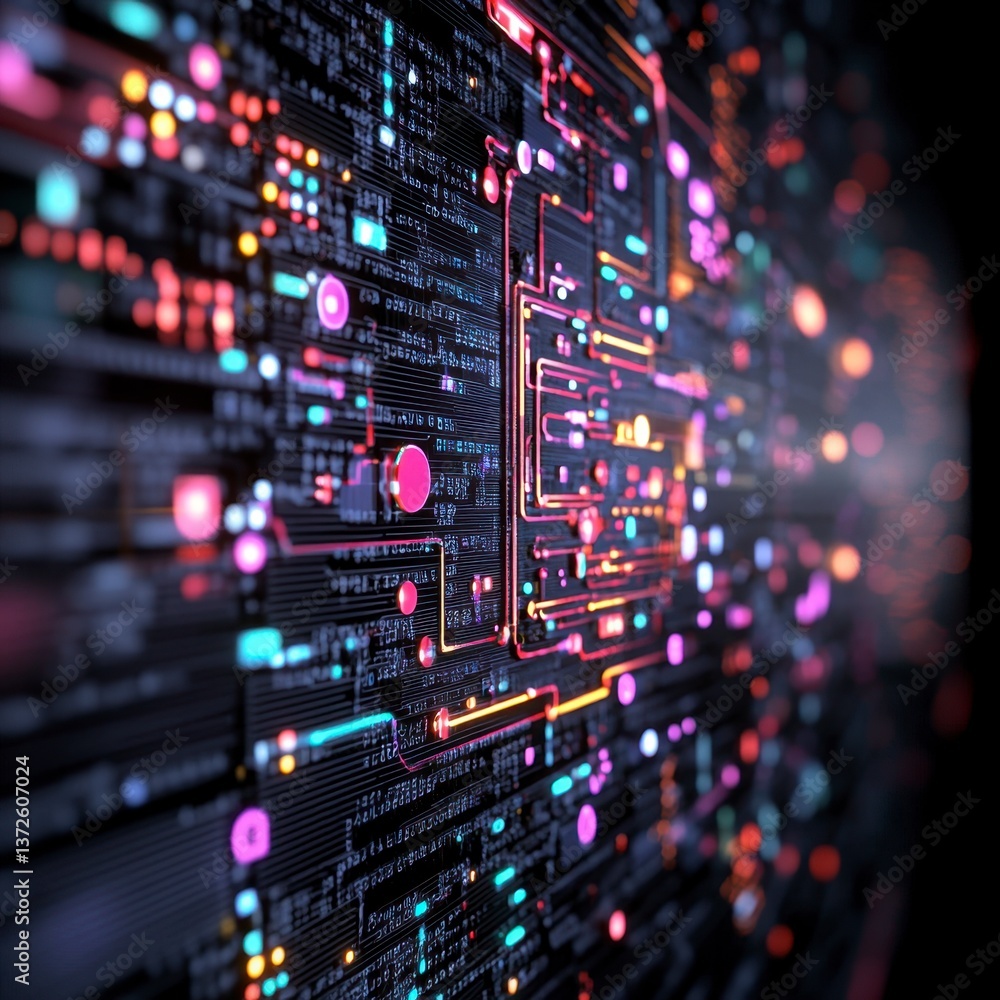 Poster abstract digital circuit board with glowing neon lines and nodes, creating a complex network visuali