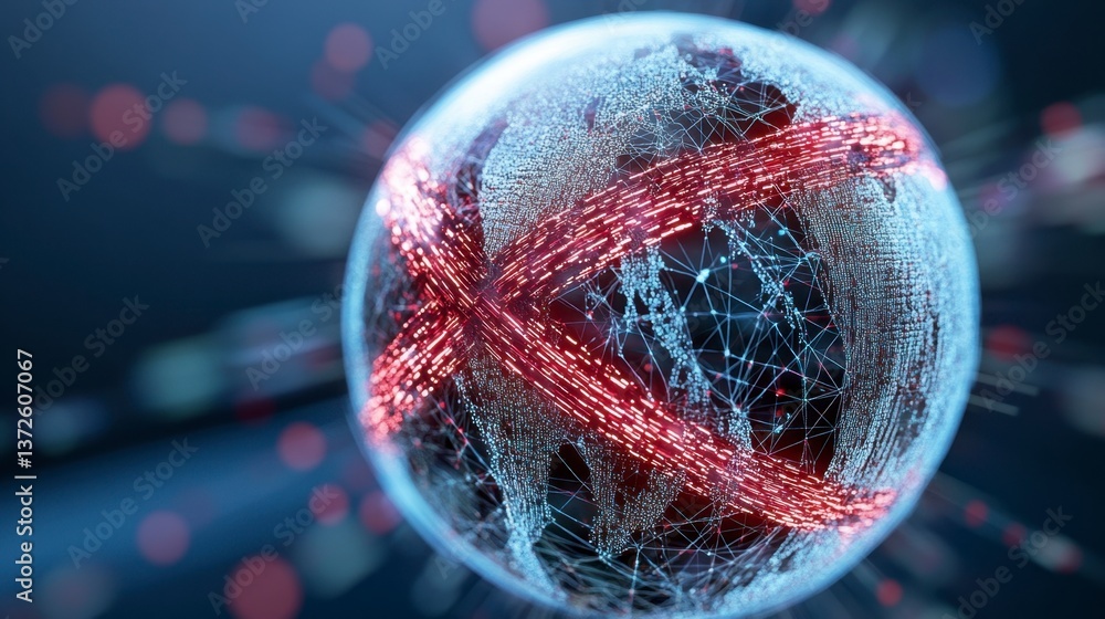 Aufkleber abstract digital globe with glowing red and white lines, dark blue background, bokeh effect. network