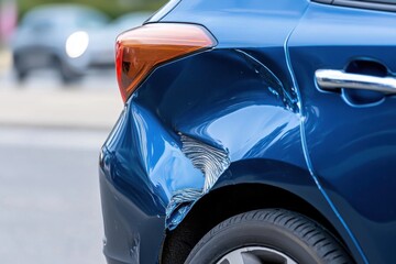 Obraz premium Damaged blue car with dented and scratched rear fender, showing significant damage from a collision.