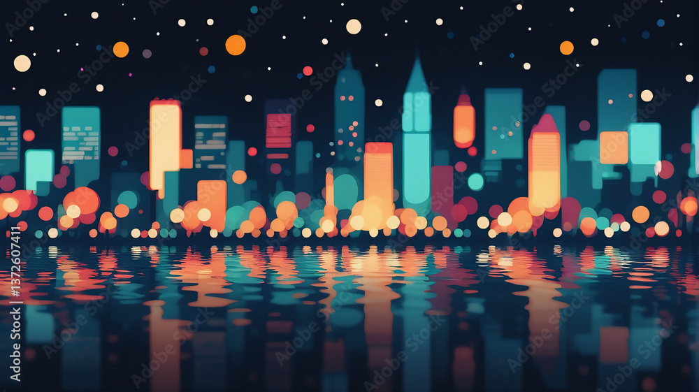 Aufkleber night cityscape with colorful building silhouettes reflecting on water. bokeh lights add a magical t