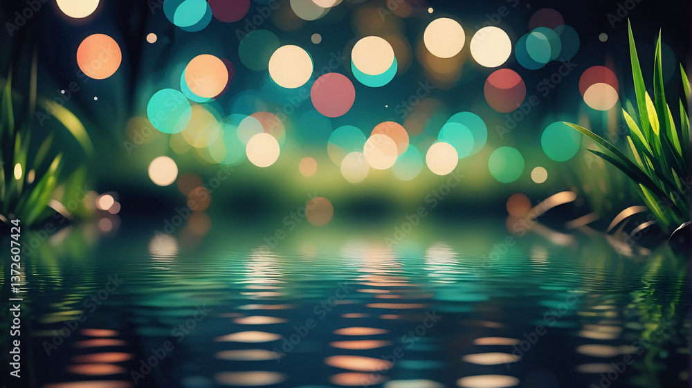 Poster abstract glowing bokeh lights illuminate a serene pond, reflecting vibrant colors on the water's sur