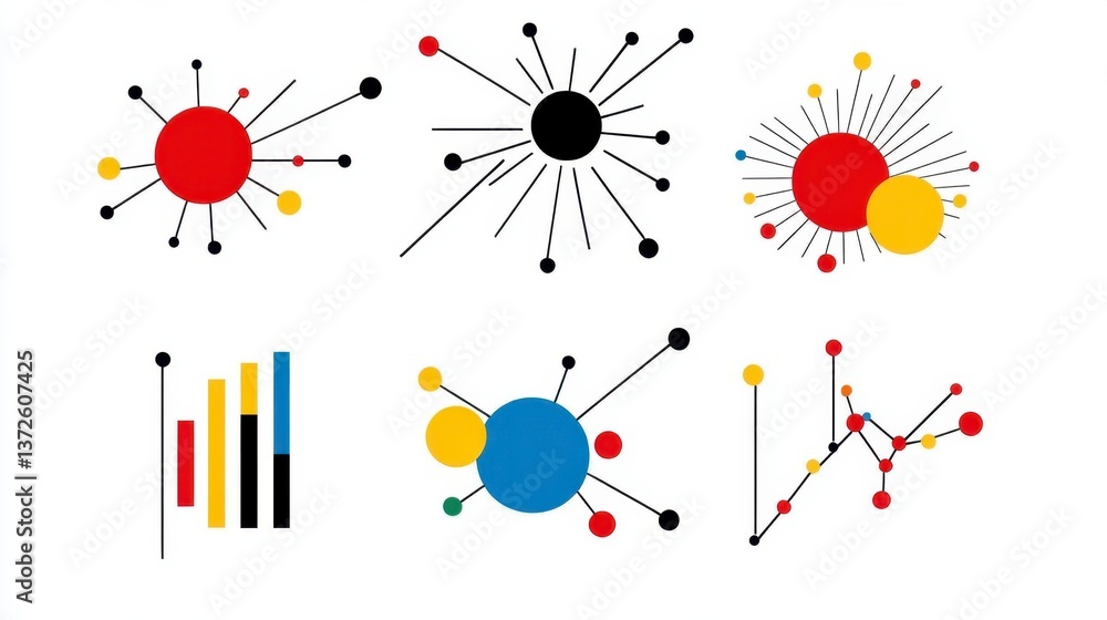 Poster abstract geometric illustration featuring red, yellow, blue, and black circles connected by lines ag