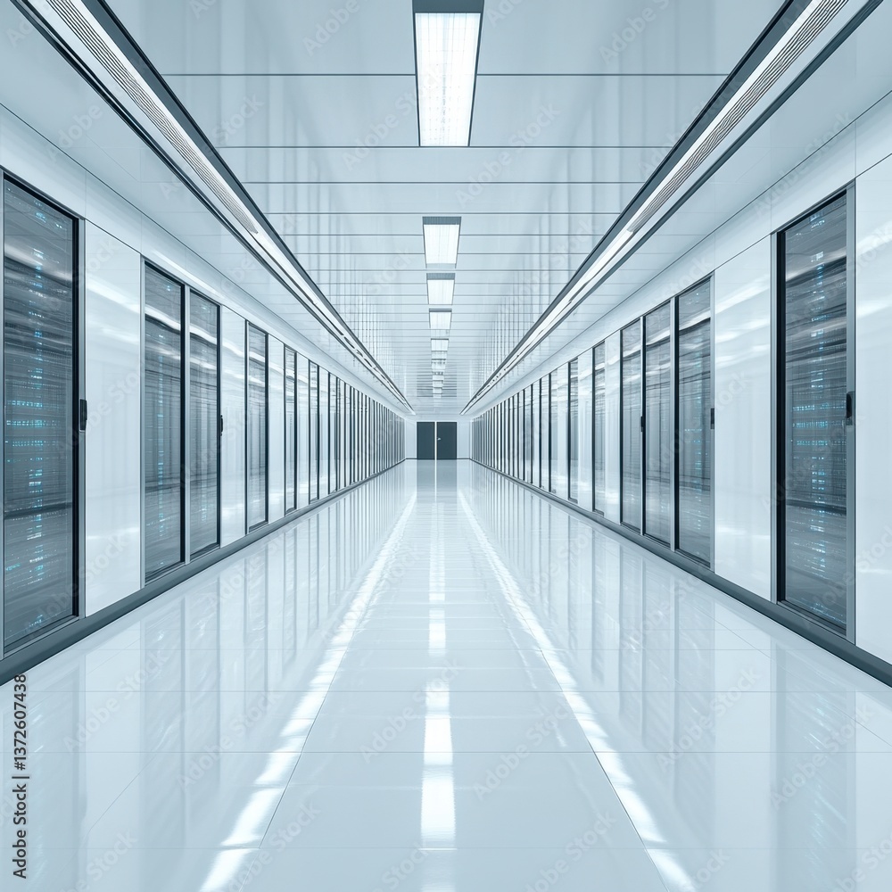 Poster futuristic data center corridor with server racks and bright lighting in a symmetrical perspective f
