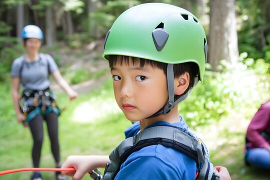 Young child in harness, wearing helmet with people, outdoors