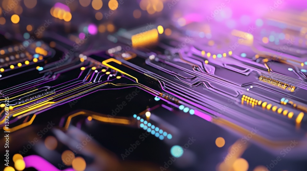 Poster abstract close up of a circuit board with glowing purple and gold lines, bokeh effect, dark backgrou