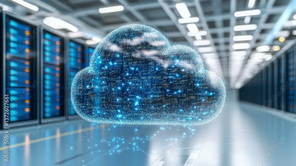 Poster abstract cloud data symbol composed of glowing particles, hovering over rows of server racks in a mo
