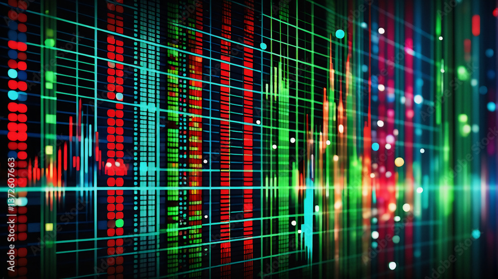 Poster Abstract digital screen showing vibrant red and green lines and dots against a dark backdrop.  Illuminated and colorful display.