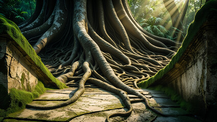 Naklejka premium Ancient tree roots embracing moss-covered ruins bathed in sunlit serenity, a testament to time's gentle embrace.