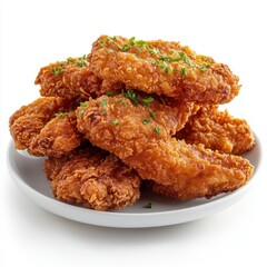 Crispy golden brown fried chicken tenders piled high on a white plate against a clean white background studio shot food photography