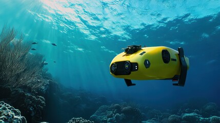 A high tech AI powered autonomous underwater drone, mapping the ocean floor and collecting environmental data with real-time analysis, ocean setting