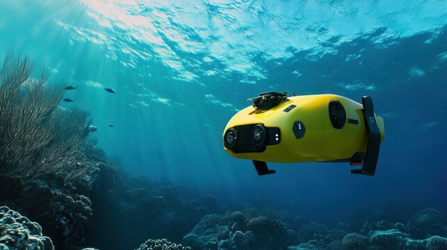A high tech AI powered autonomous underwater drone, mapping the ocean floor and collecting environmental data with real-time analysis, ocean setting