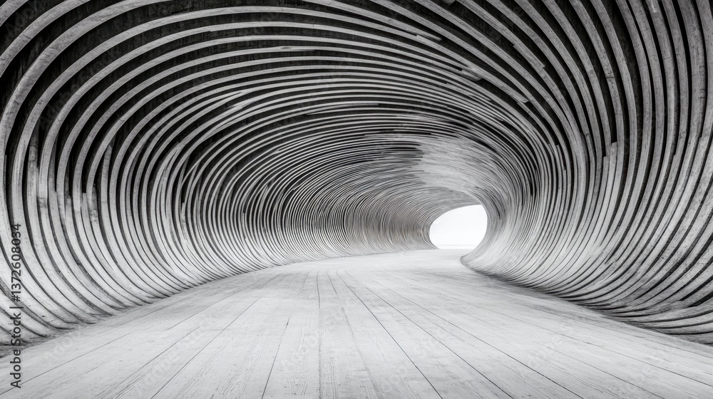 Poster abstract grayscale image depicting a tunnel with swirling, pixelated patterns leading to a bright ex